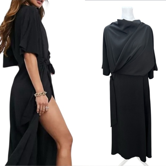 ASOS Design Black Cowl Neck Wrap Tie Maxi Dress Size 8 Elegant Evening Sexy - Picture 1 of 13